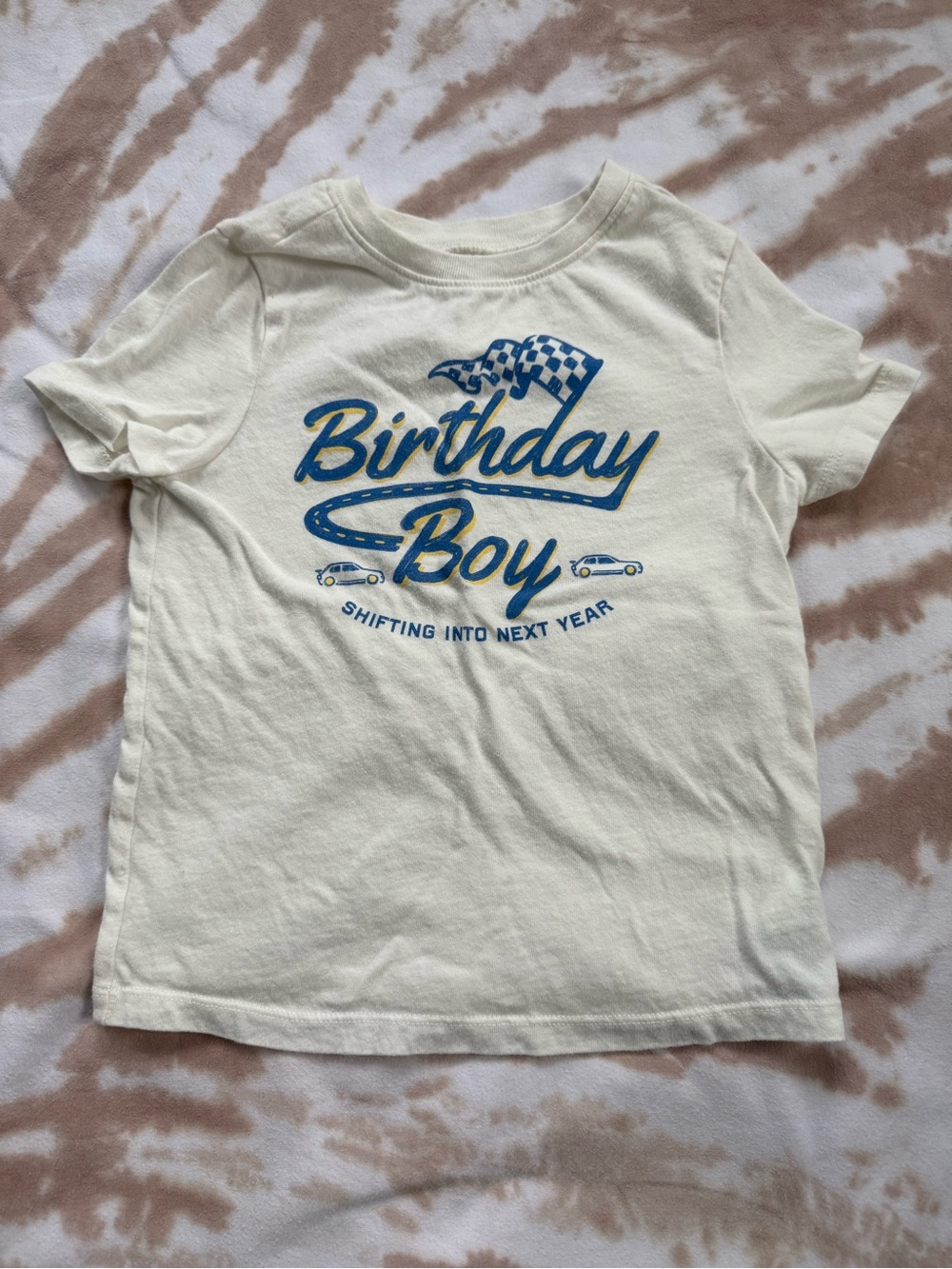 Old Navy Cream Tee with Blue & Yellow Birthday Racing Graphic